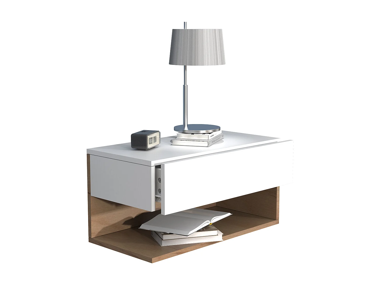 UsalXL60 table de nuit accroché au mur 1 tiroir 1 tablette blanc, chêne décor.
