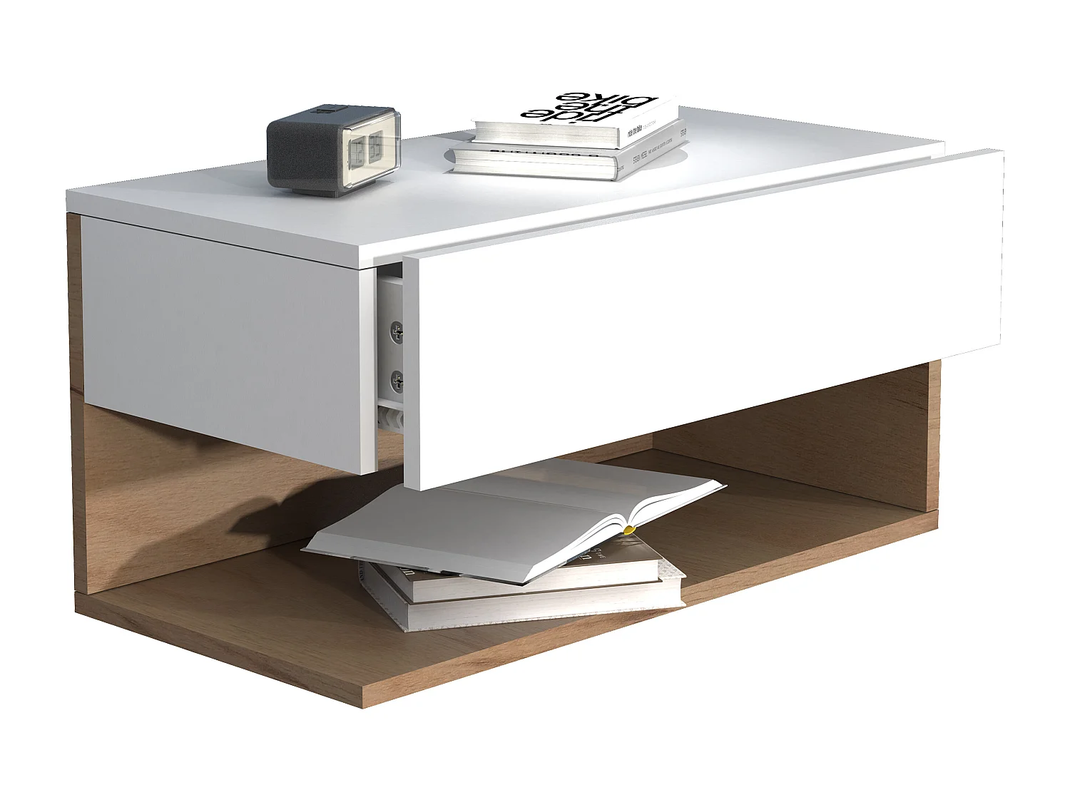 UsalXL60 table de nuit accroché au mur 1 tiroir 1 tablette blanc, chêne décor.