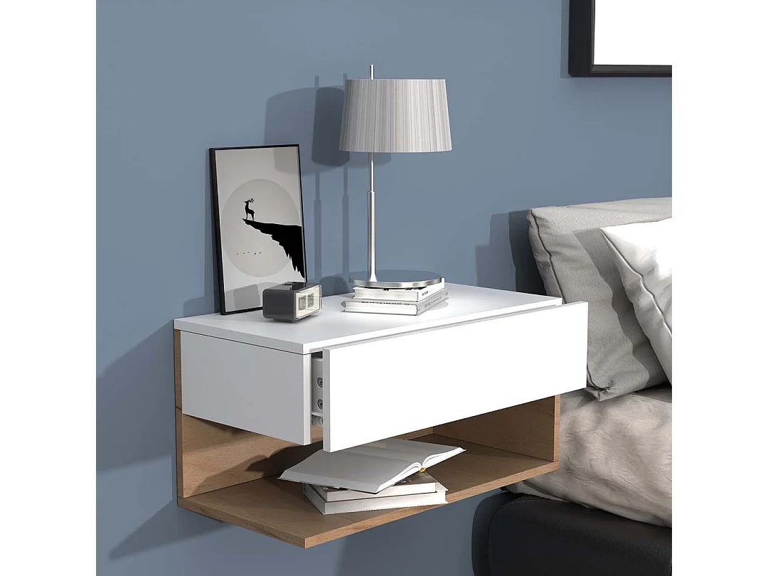 UsalXL60 table de nuit accroché au mur 1 tiroir 1 tablette blanc, chêne décor.