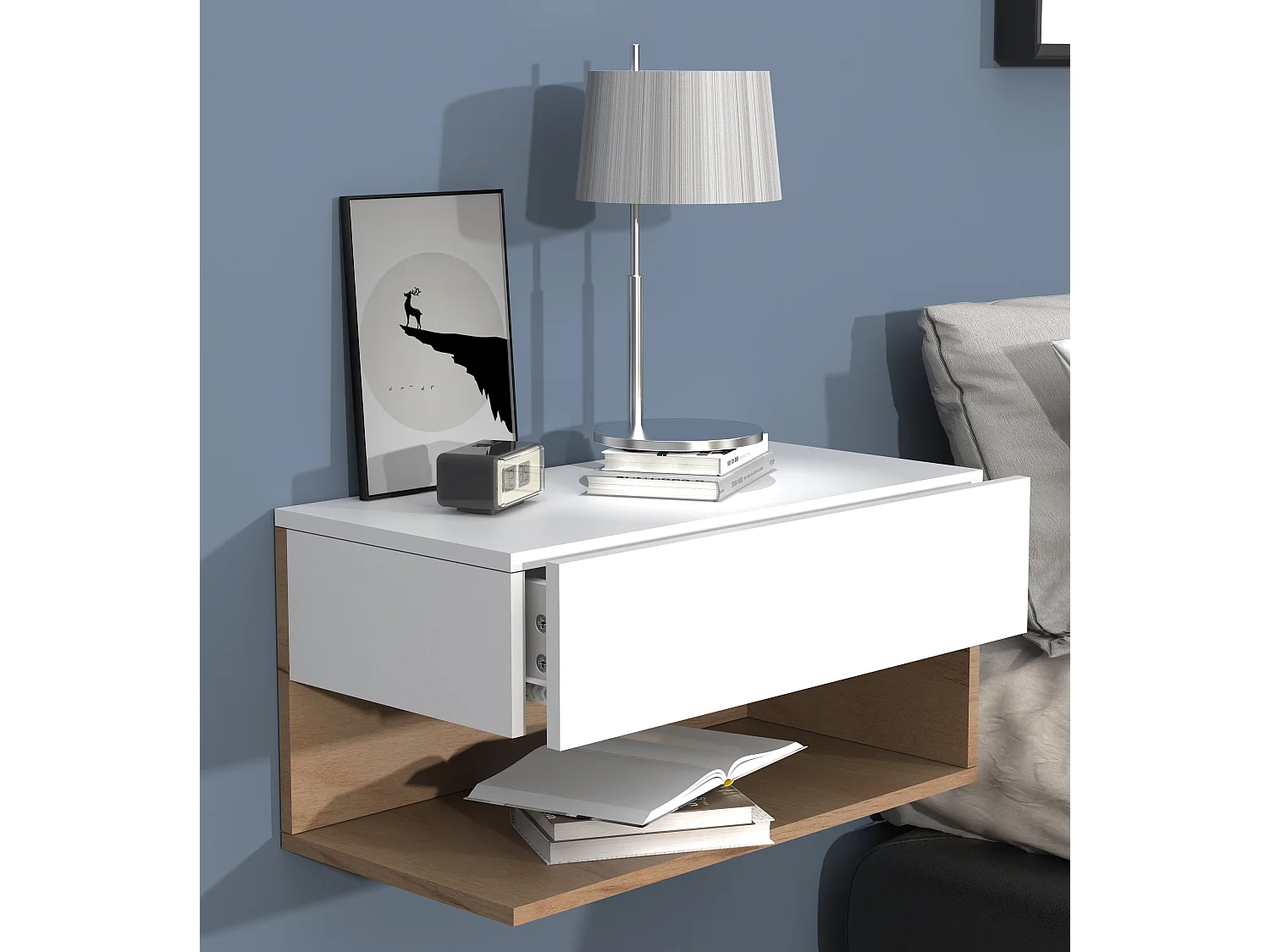 UsalXL60 table de nuit accroché au mur 1 tiroir 1 tablette blanc, chêne décor.