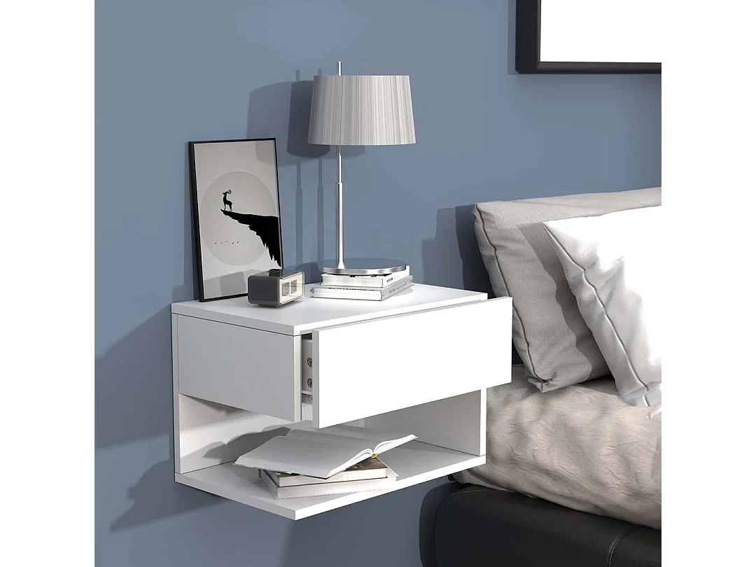 UsalXL45 table de nuit accroché au mur 1 tiroir 1 tablette blanc.