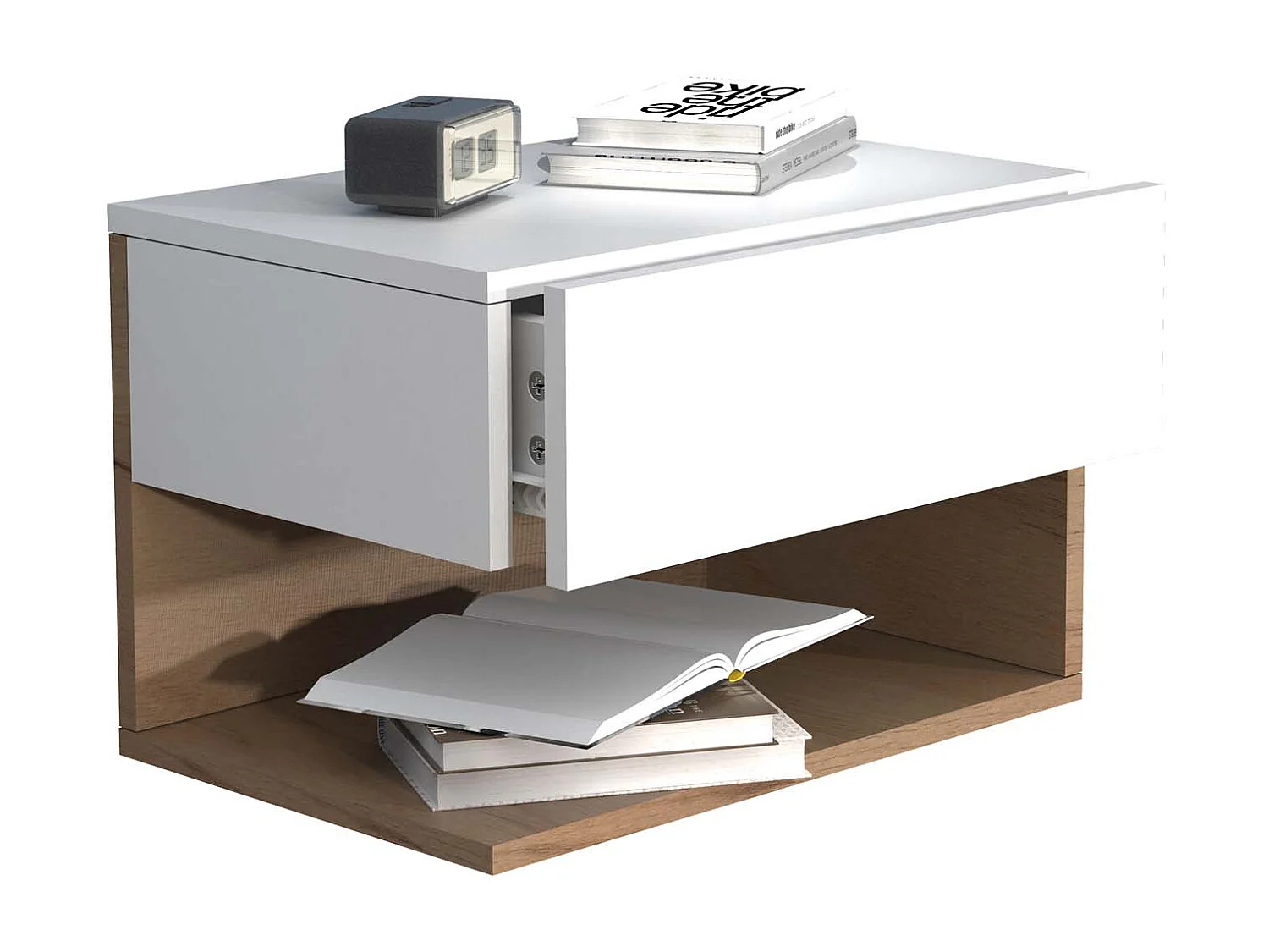 UsalXL45 table de nuit accroché au mur 1 tiroir 1 tablette blanc, chêne décor.