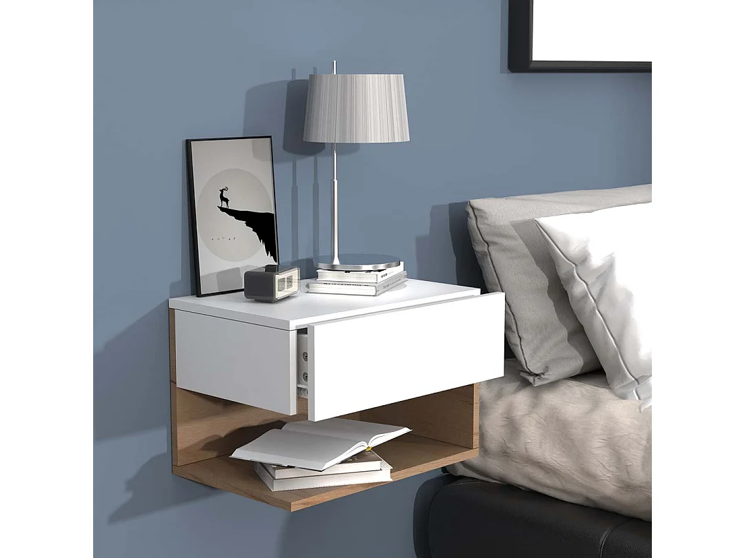 UsalXL45 table de nuit accroché au mur 1 tiroir 1 tablette blanc, chêne décor.