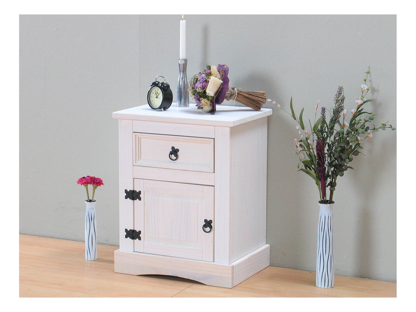 New Mexico Table de chevet, largeur 53 cm, hauteur 66 cm, avec 1 tiroir et 1 porte, blanc/ciré.