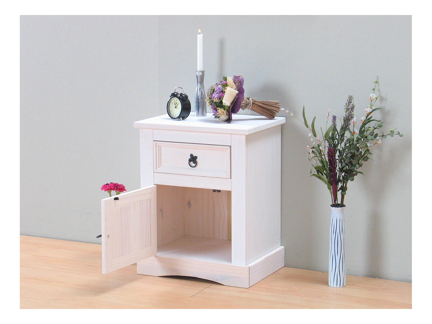 New Mexico Table de chevet, largeur 53 cm, hauteur 66 cm, avec 1 tiroir et 1 porte, blanc/ciré.