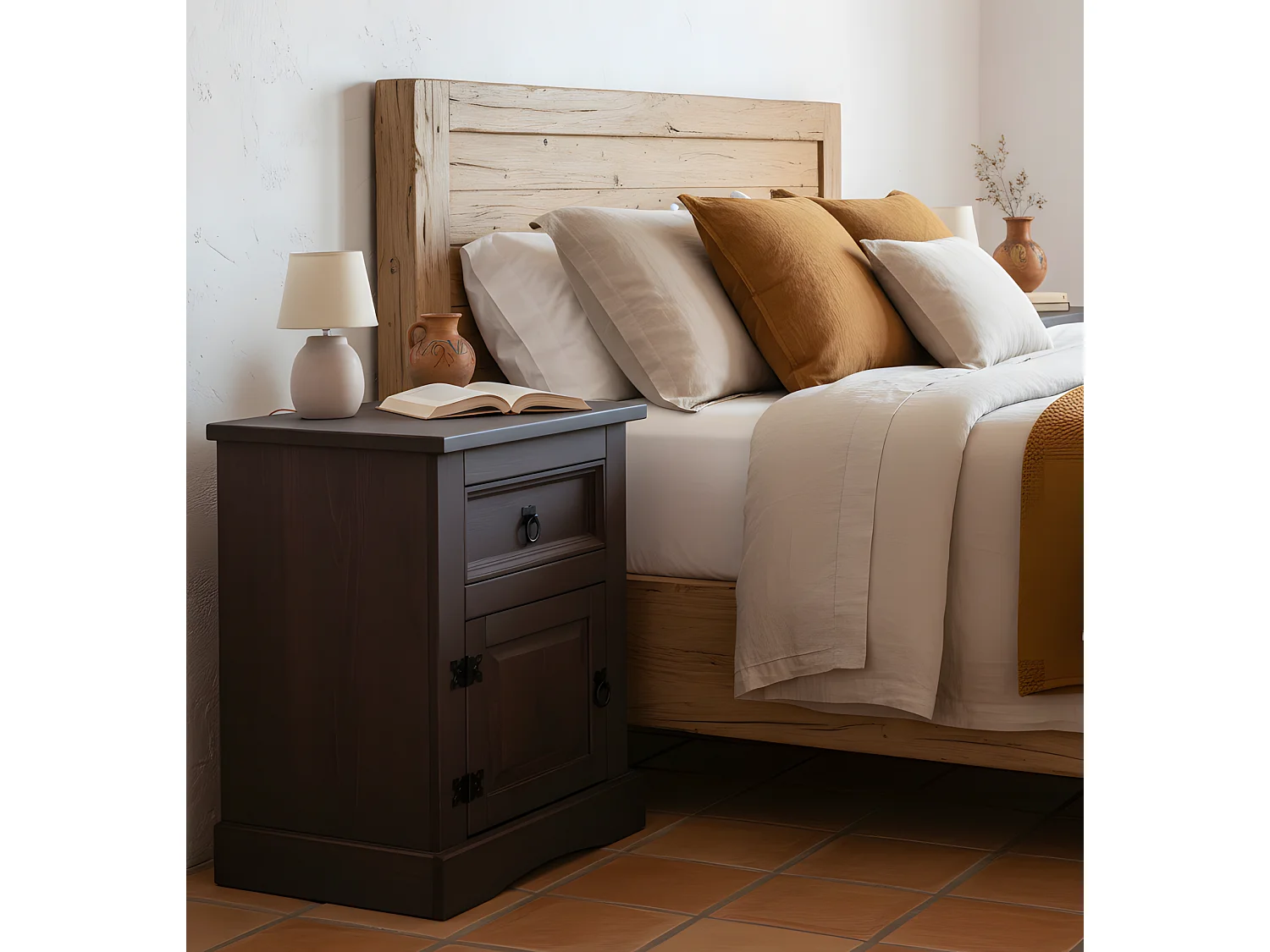 New Mexico Table de chevet, largeur 53 cm, hauteur 66 cm, avec 1 tiroir et 1 porte, teinte/cire dans un style colonial.