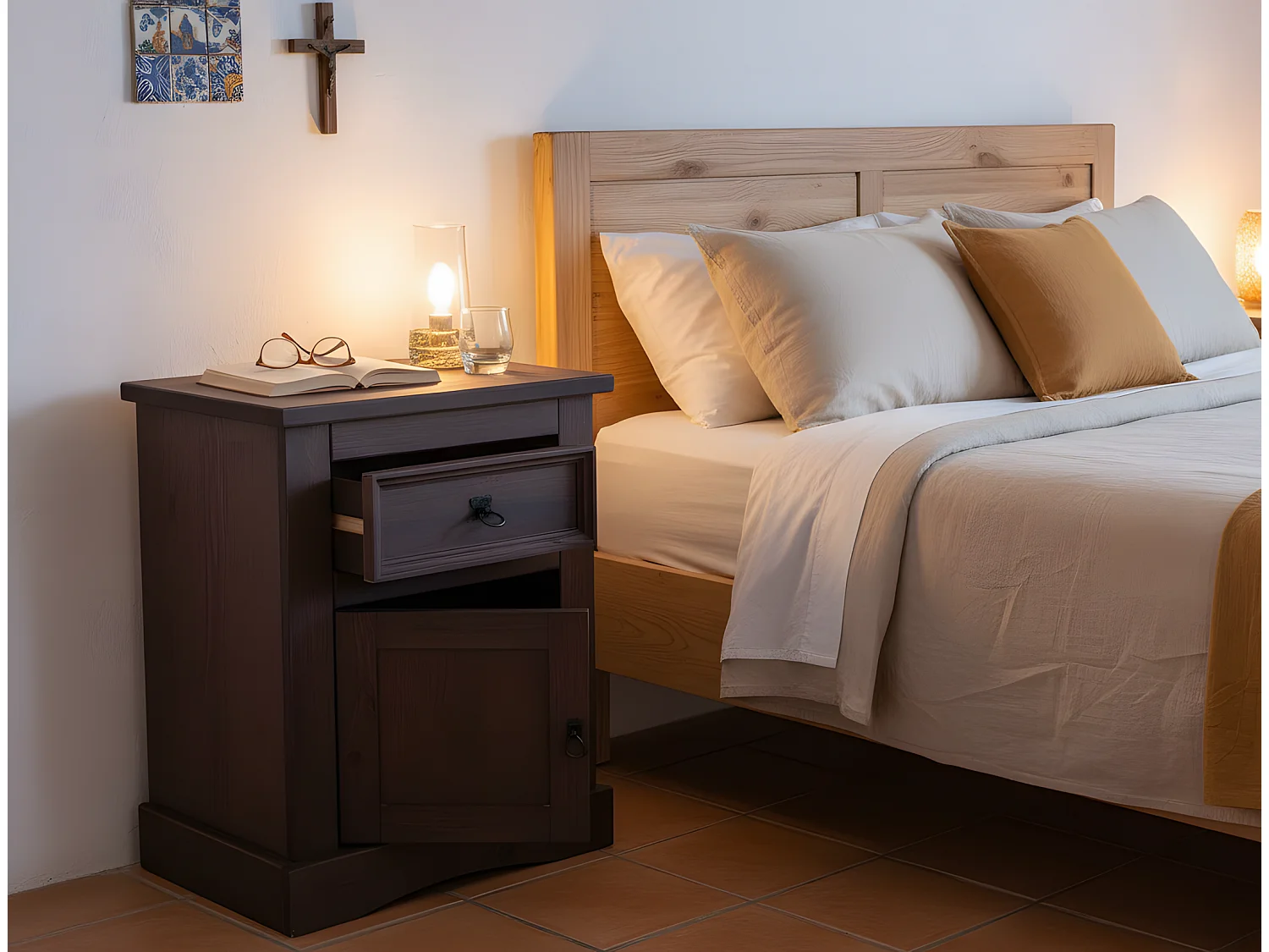 New Mexico Table de chevet, largeur 53 cm, hauteur 66 cm, avec 1 tiroir et 1 porte, teinte/cire dans un style colonial.