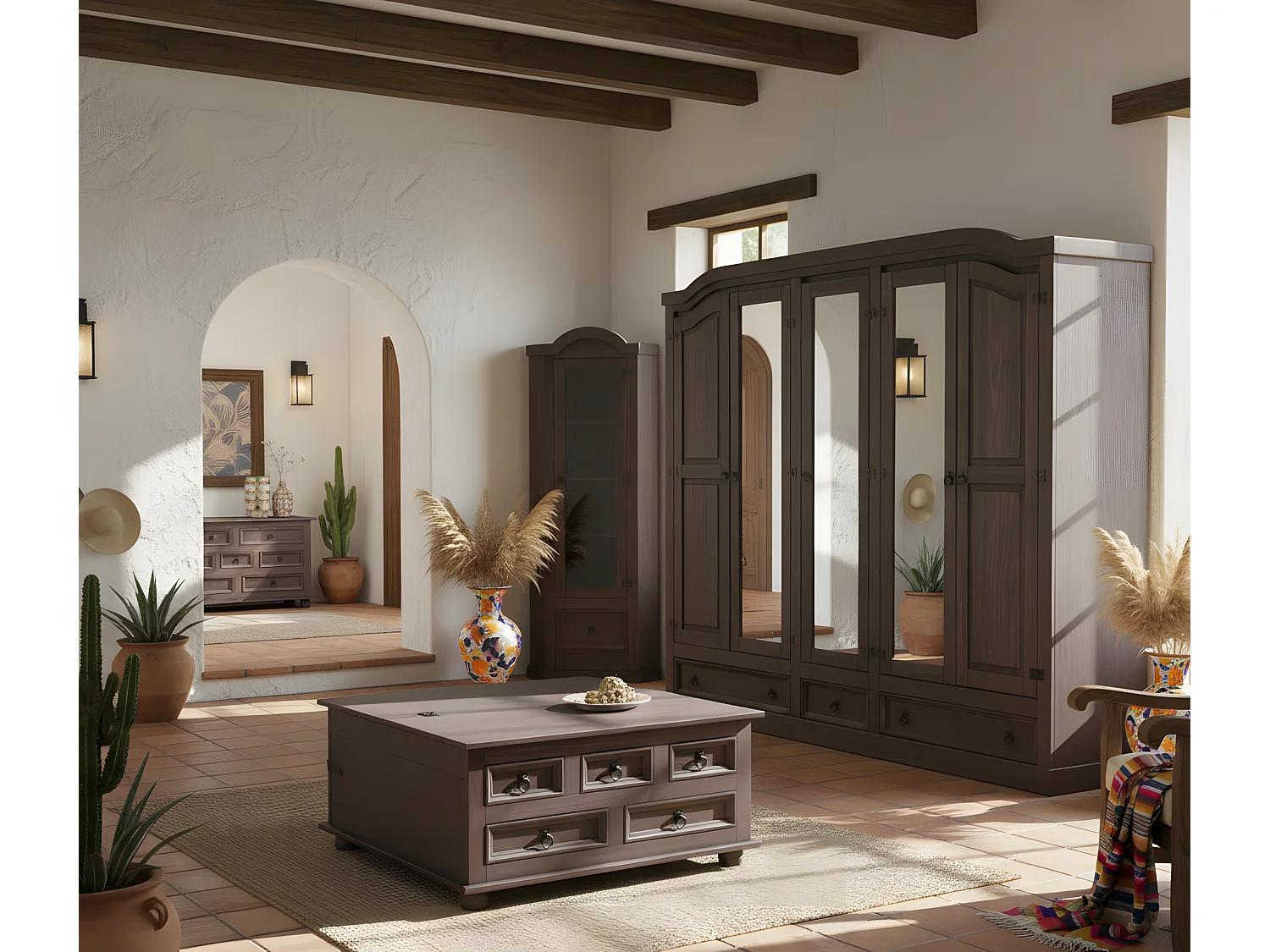 New Mexico Table de chevet, largeur 53 cm, hauteur 66 cm, avec 1 tiroir et 1 porte, teinte/cire dans un style colonial.