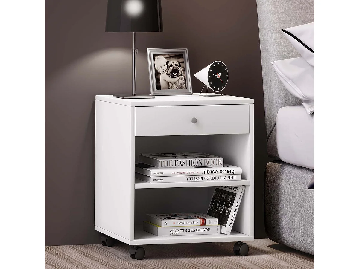 Armário de cabeceira VCM | mesa de cabeceira | mesa de cabeceira rollable | dimensões aprox. H 54 x W 45 x D 38 cm - Rolda (Branco)