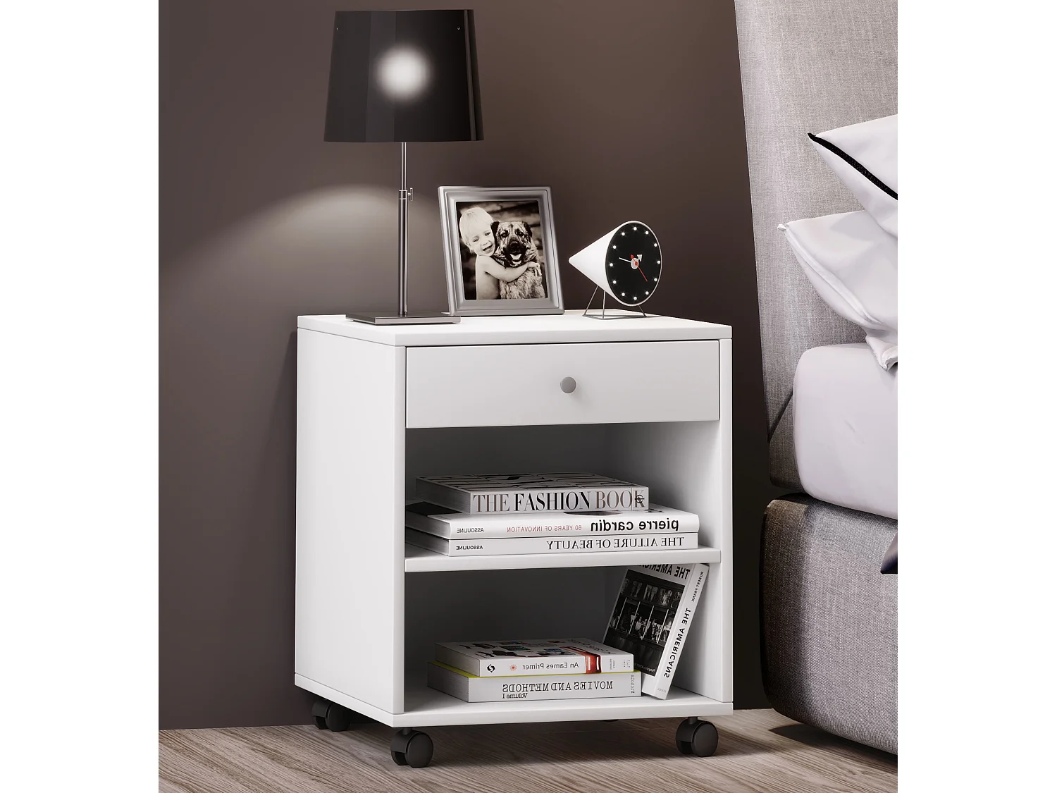 Armário de cabeceira VCM | mesa de cabeceira | mesa de cabeceira rollable | dimensões aprox. H 54 x W 45 x D 38 cm - Rolda (Branco)