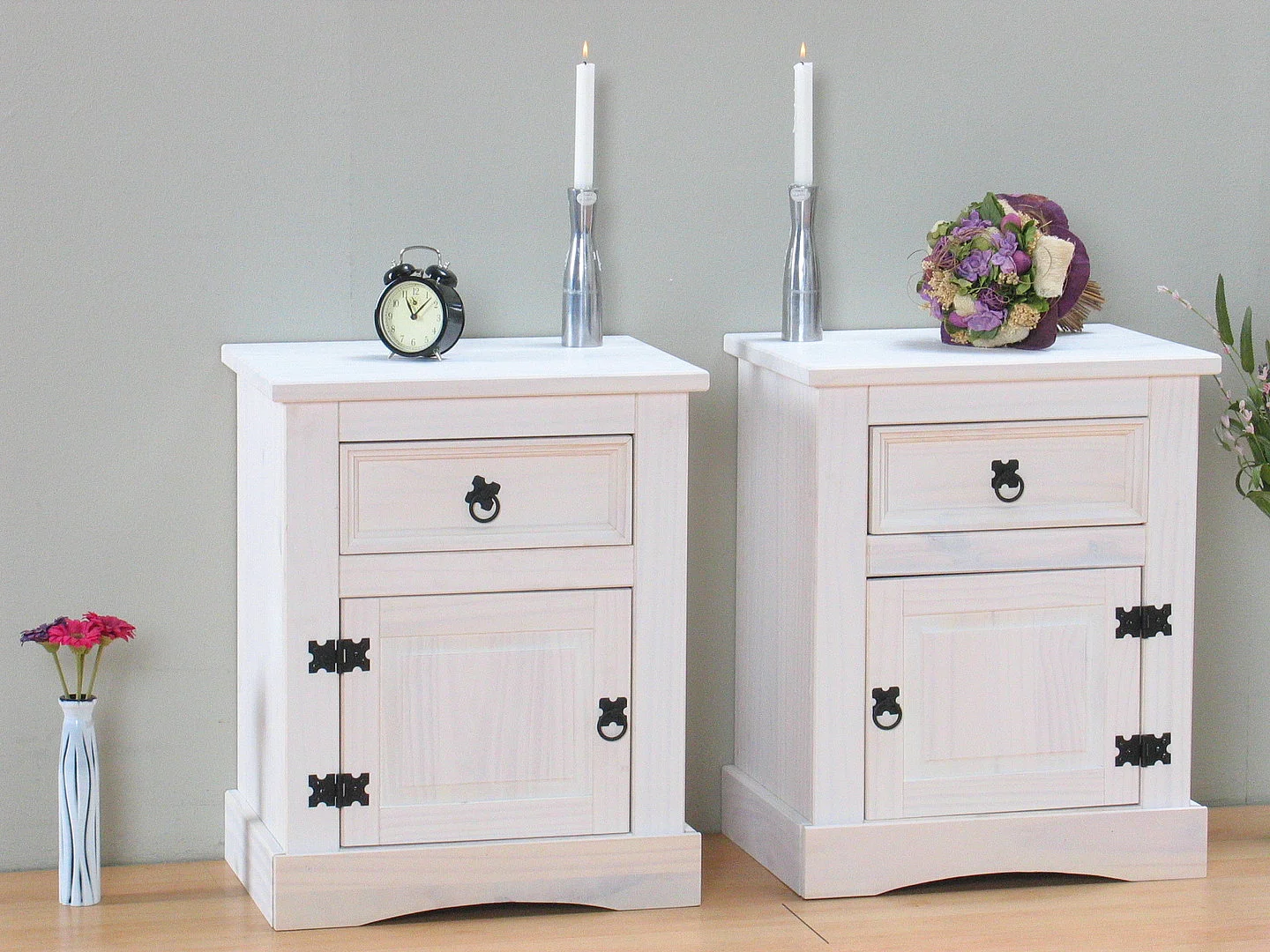 New Mexico Tables de nuit 2 pièces, largeur 53 cm, hauteur 66 cm, avec 1 tiroir et 1 porte, blanc/ciré.