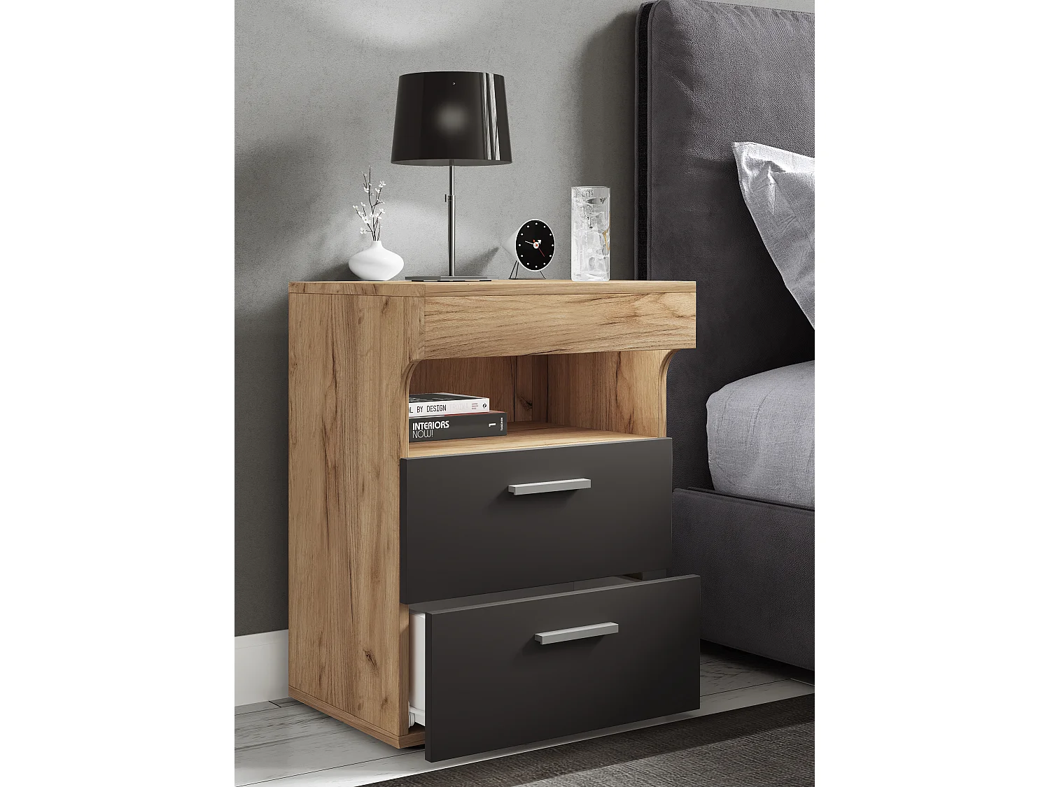 Armário de cabeceira VCM | mesa lateral com duas gavetas | mesa de cabeceira | dimensões aprox. A. 61 x L. 45 x P. 39 cm - Slepal L (carvalho de mel / antracite)