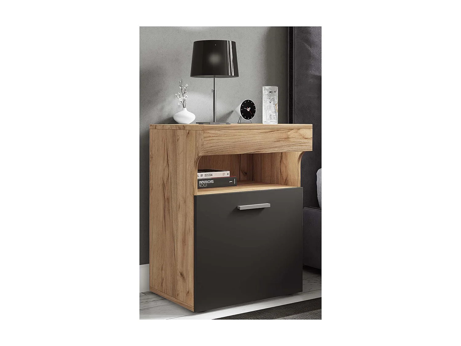 SlepalM table de nuit 1 porte 1 tablette anthracite, chêne décor.