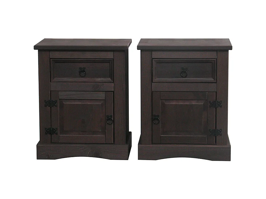 New Mexico Tables de nuit 2 pcs., largeur 53 cm, hauteur 66 cm, avec 1 tiroir et 1 porte, en bois colonial teinté/ciré.