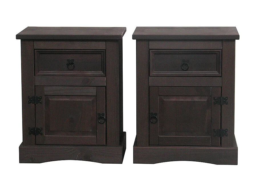 New Mexico Tables de nuit 2 pcs., largeur 53 cm, hauteur 66 cm, avec 1 tiroir et 1 porte, en bois colonial teinté/ciré.