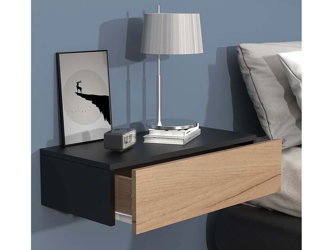 UsalM60 table de nuit accroché au mur 1 tiroir noir, chêne décor.