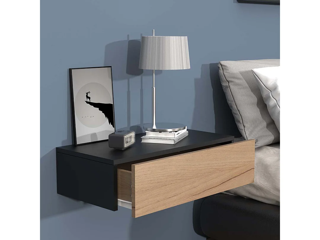 UsalM60 table de nuit accroché au mur 1 tiroir noir, chêne décor.
