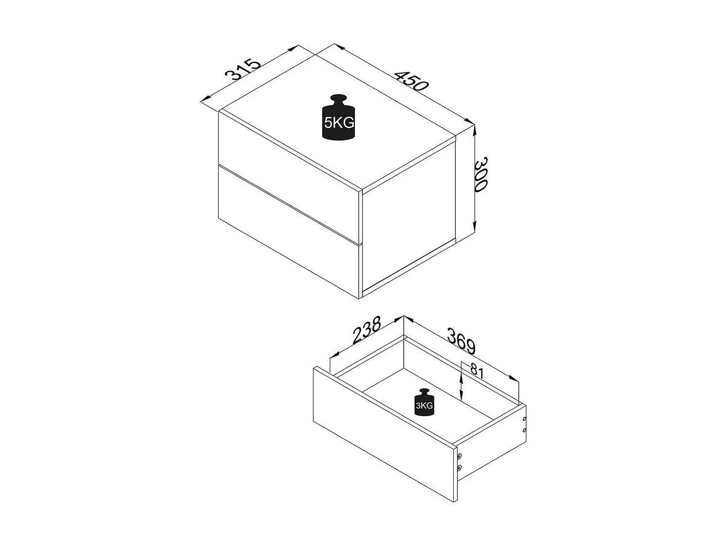 Houten muur hangende nachtkastje Usal L 45 cm