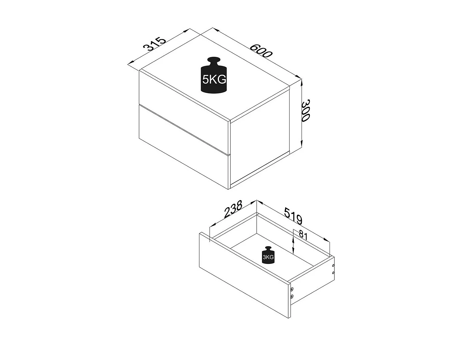 Holz Wandschublade Wand Hänge Nachttisch Usal L60