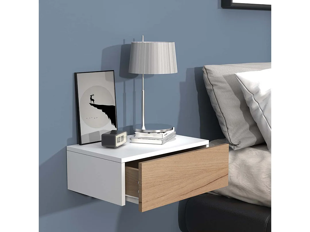 UsalM45 table de nuit accroché au mur 1 tiroir blanc, chêne décor.