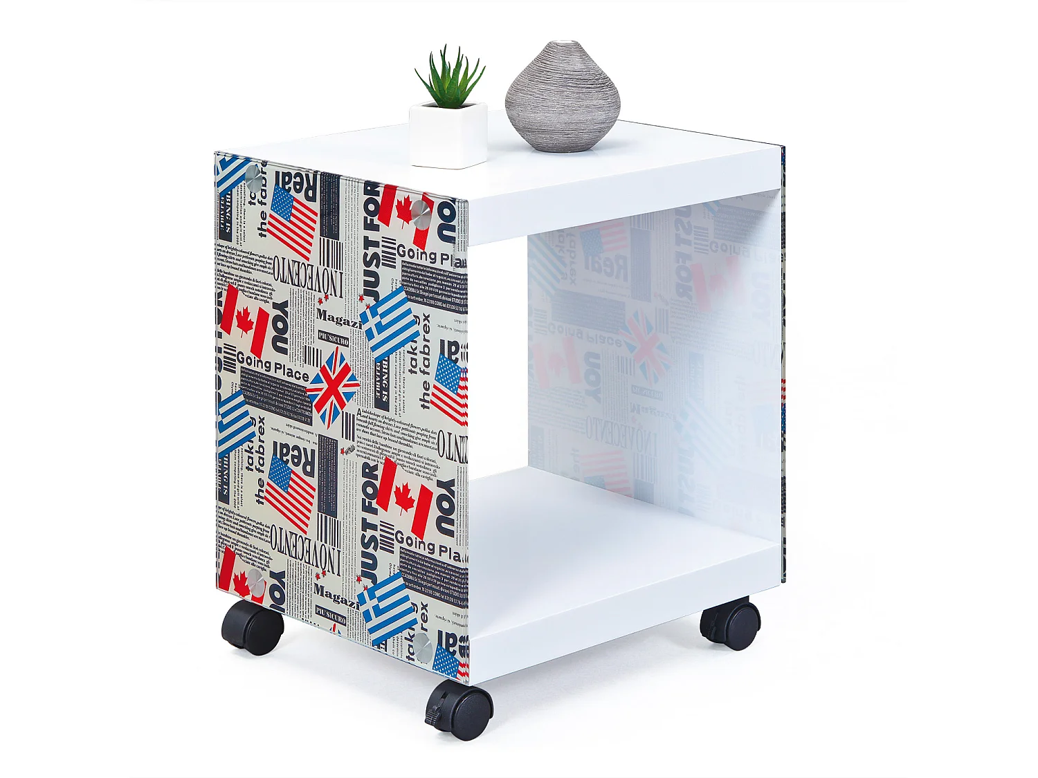 Flarry salontafel met witte en gekleurde glazen wanden.