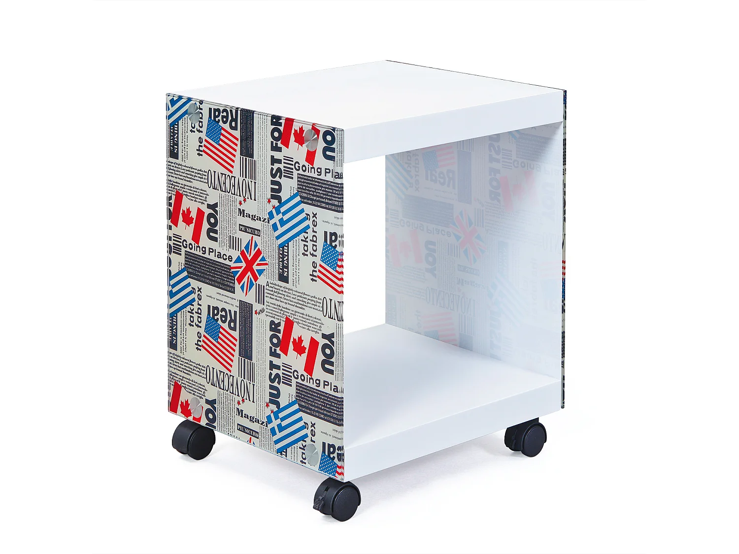 Flarry salontafel met witte en gekleurde glazen wanden.