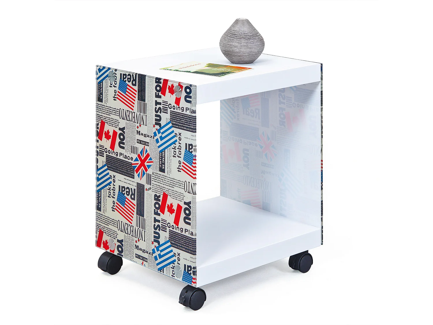 Flarry salontafel met witte en gekleurde glazen wanden.