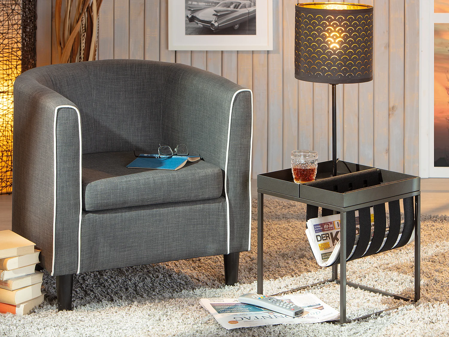 Cute Table basse avec porte-revues, gris, noir.