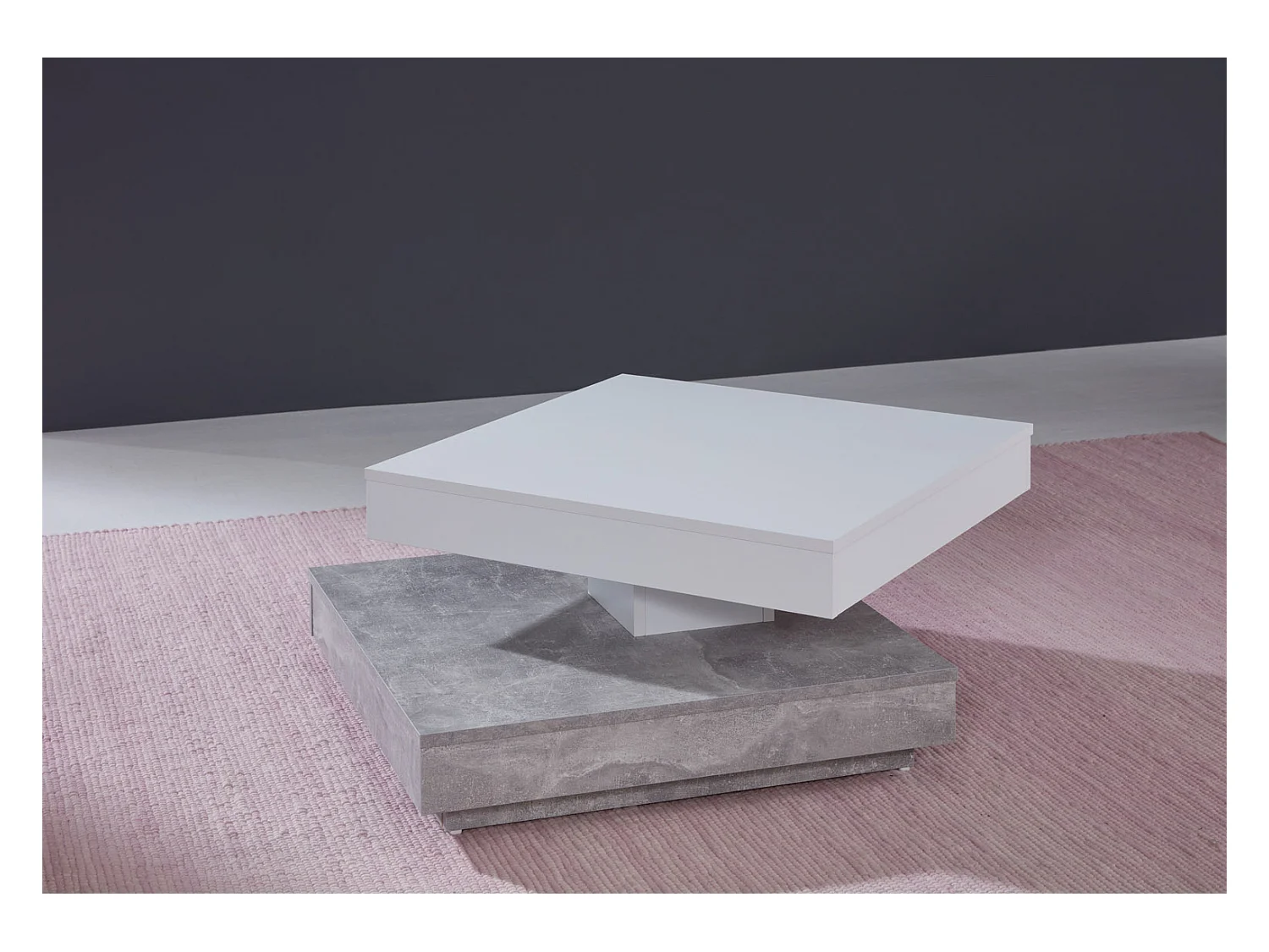 Erano Table basse plateau pivotant et 1 Étagère aspect béton, blanc.