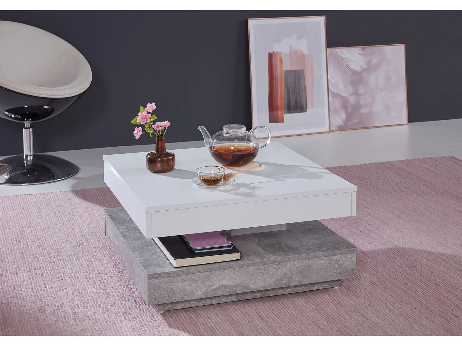 Erano Table basse plateau pivotant et 1 Étagère aspect béton, blanc.