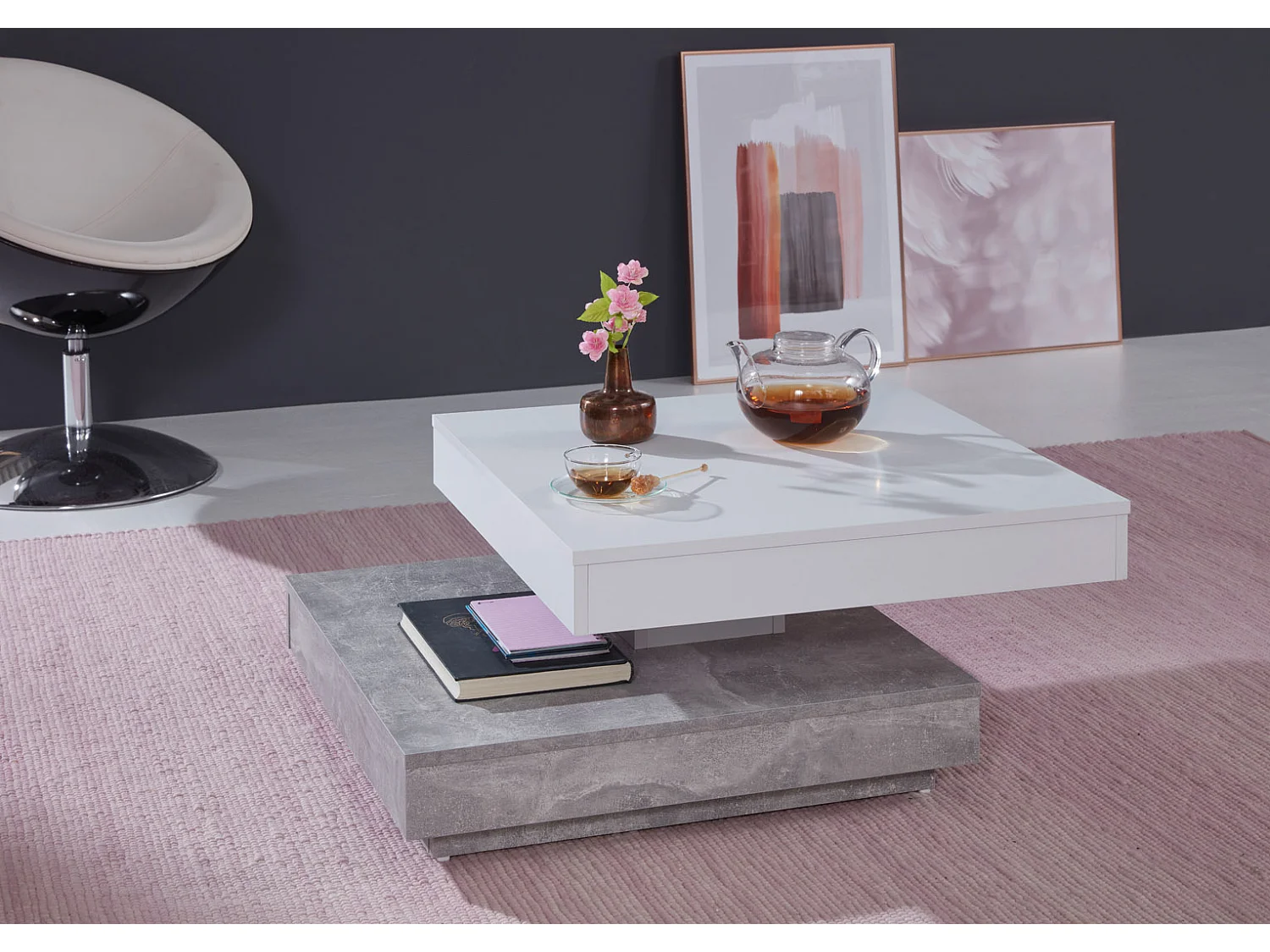 Erano Table basse plateau pivotant et 1 Étagère aspect béton, blanc.