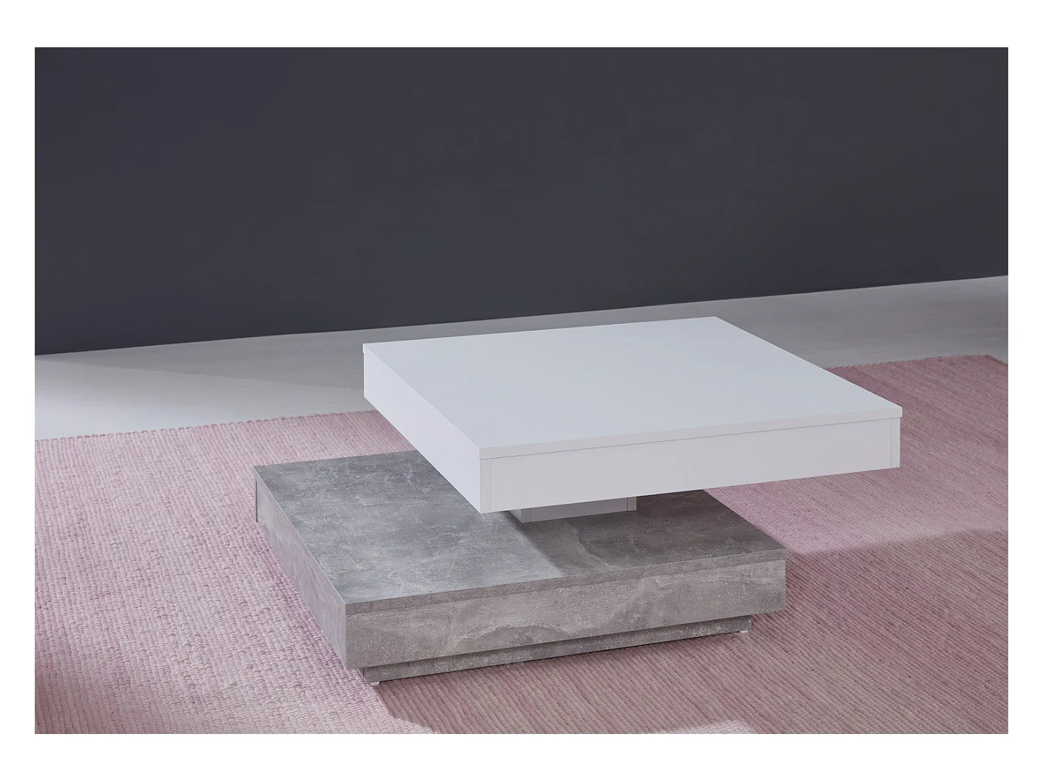 Erano Table basse plateau pivotant et 1 Étagère aspect béton, blanc.