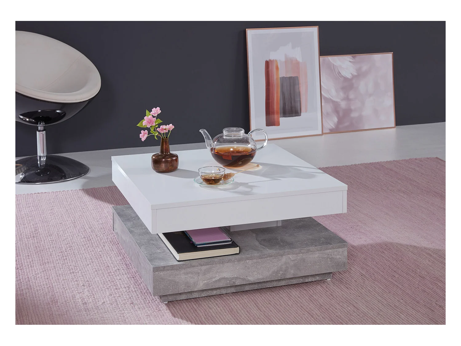 Erano Table basse plateau pivotant et 1 Étagère aspect béton, blanc.