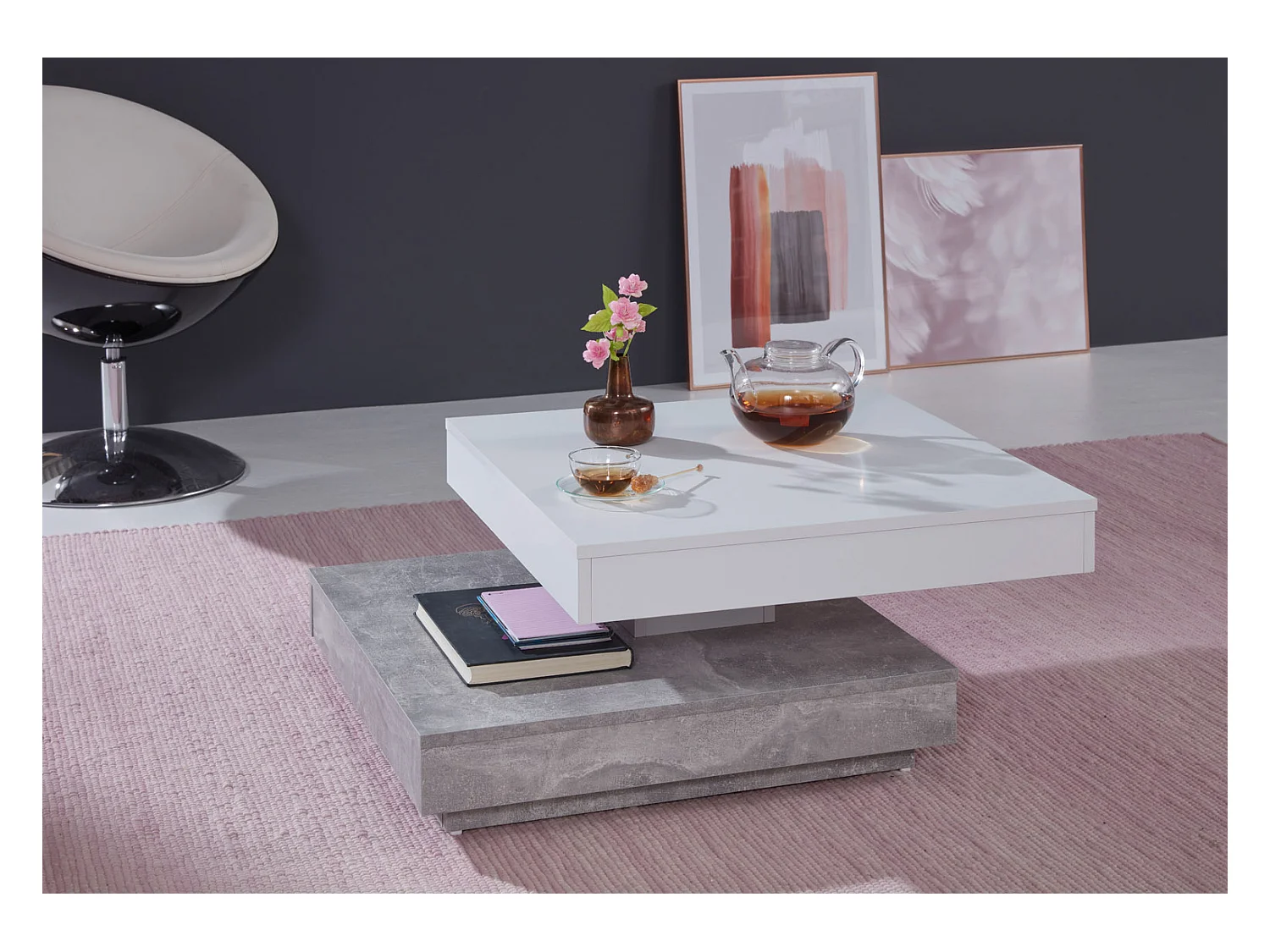 Erano Table basse plateau pivotant et 1 Étagère aspect béton, blanc.