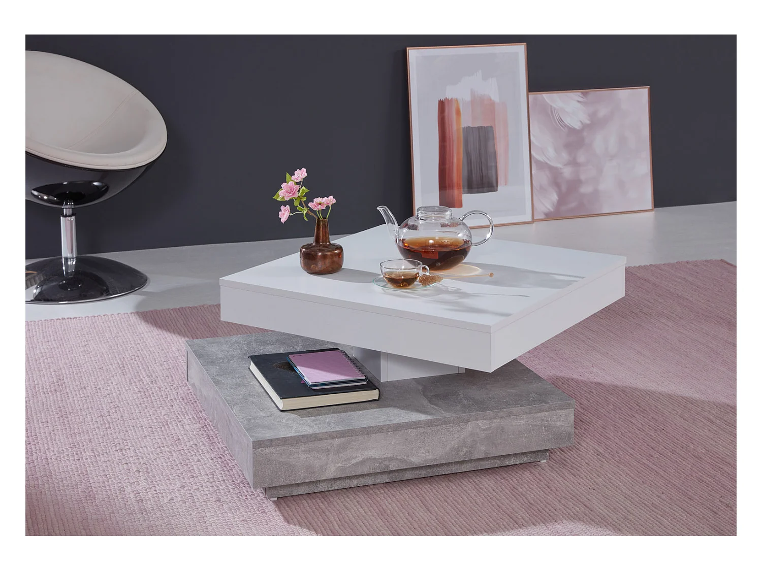 Erano Table basse plateau pivotant et 1 Étagère aspect béton, blanc.