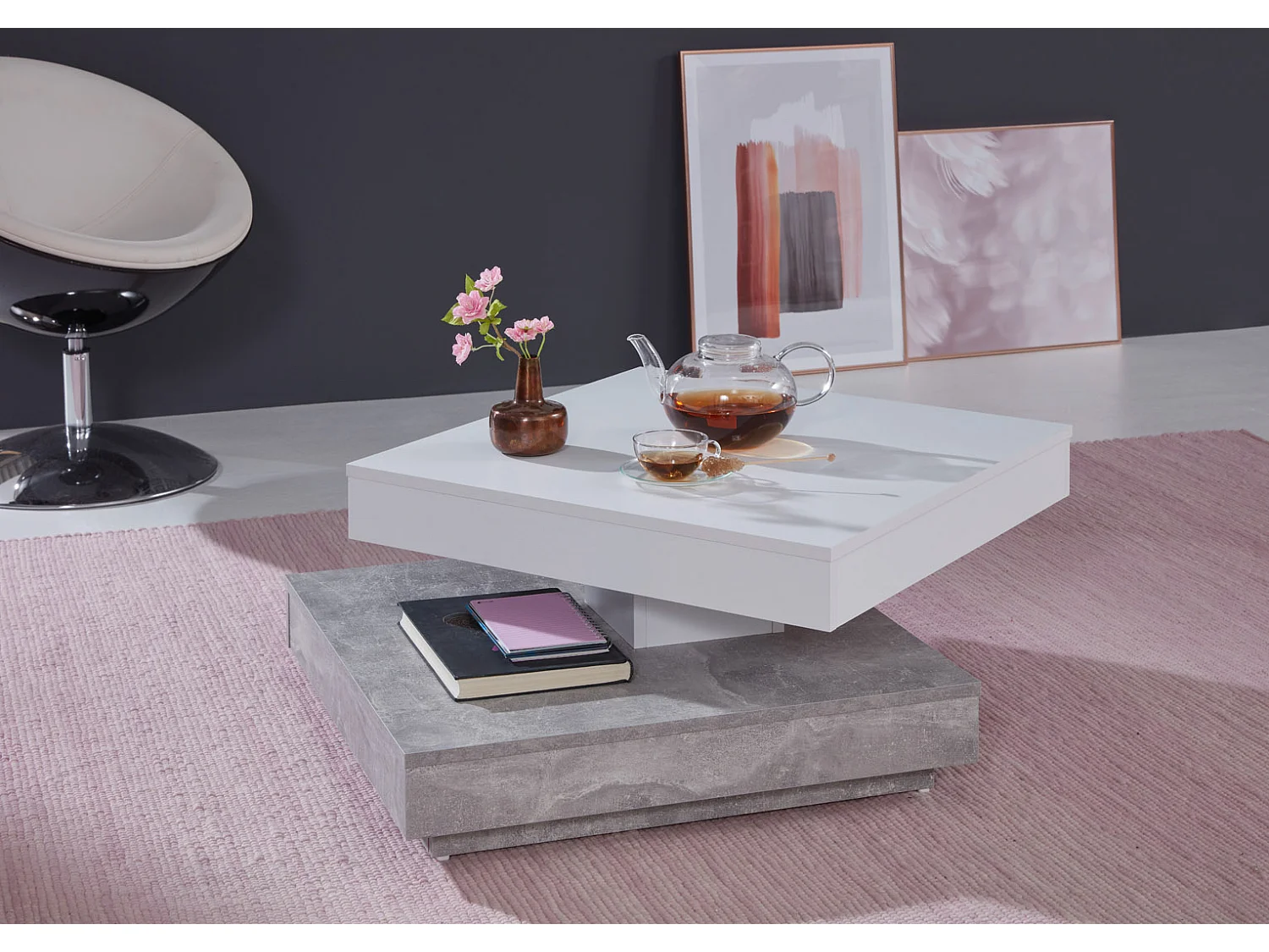 Erano Table basse plateau pivotant et 1 Étagère aspect béton, blanc.