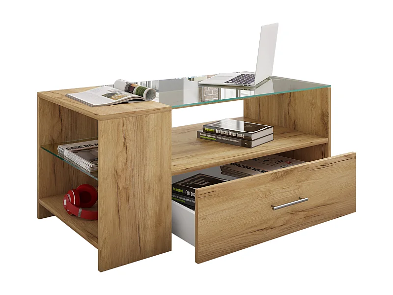 Holz Sofatisch Couchtisch Schublade Glas Tindala