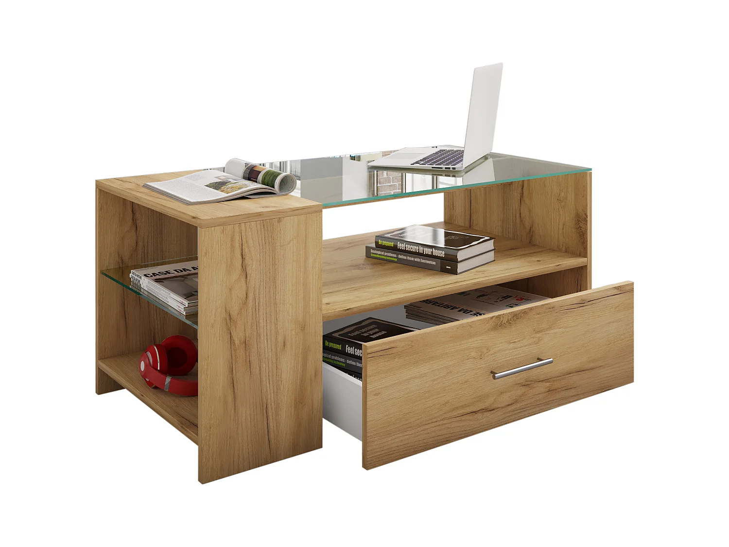 Holz Sofatisch Couchtisch Schublade Glas Tindala