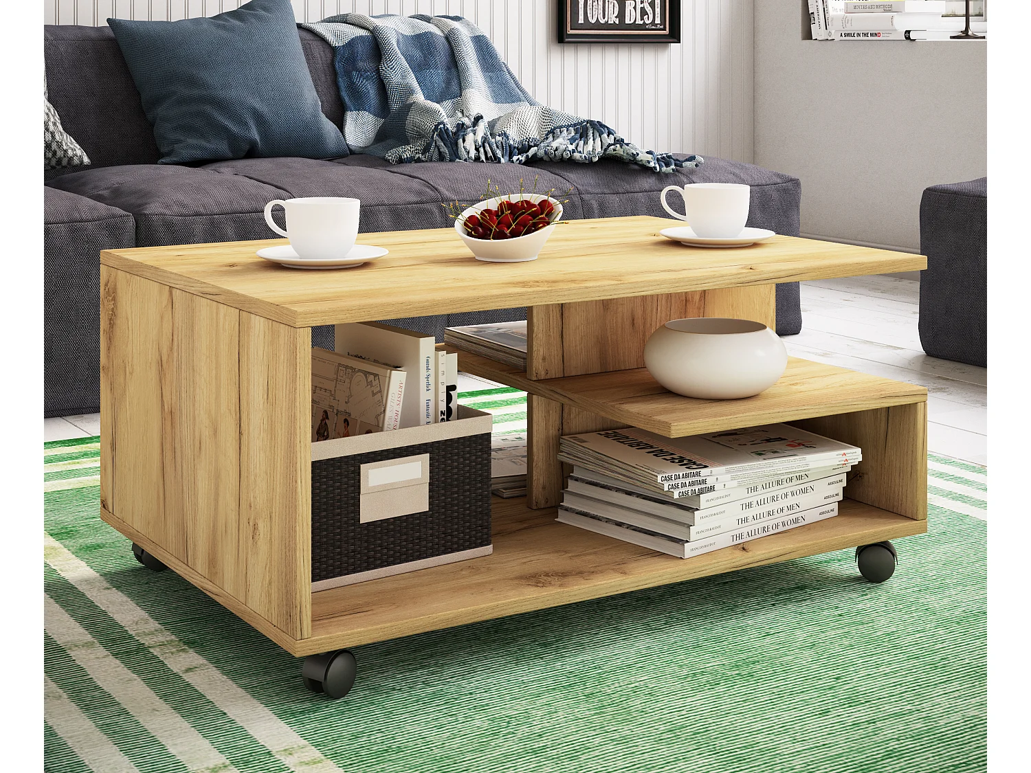 Mesa de centro de madeira VCM simples | Rodízios Sofáticos | Dimensões aprox. A. 41 x L. 80 x P. 50 cm | Mesa de centro dobrável - Stango L (carvalho mel)