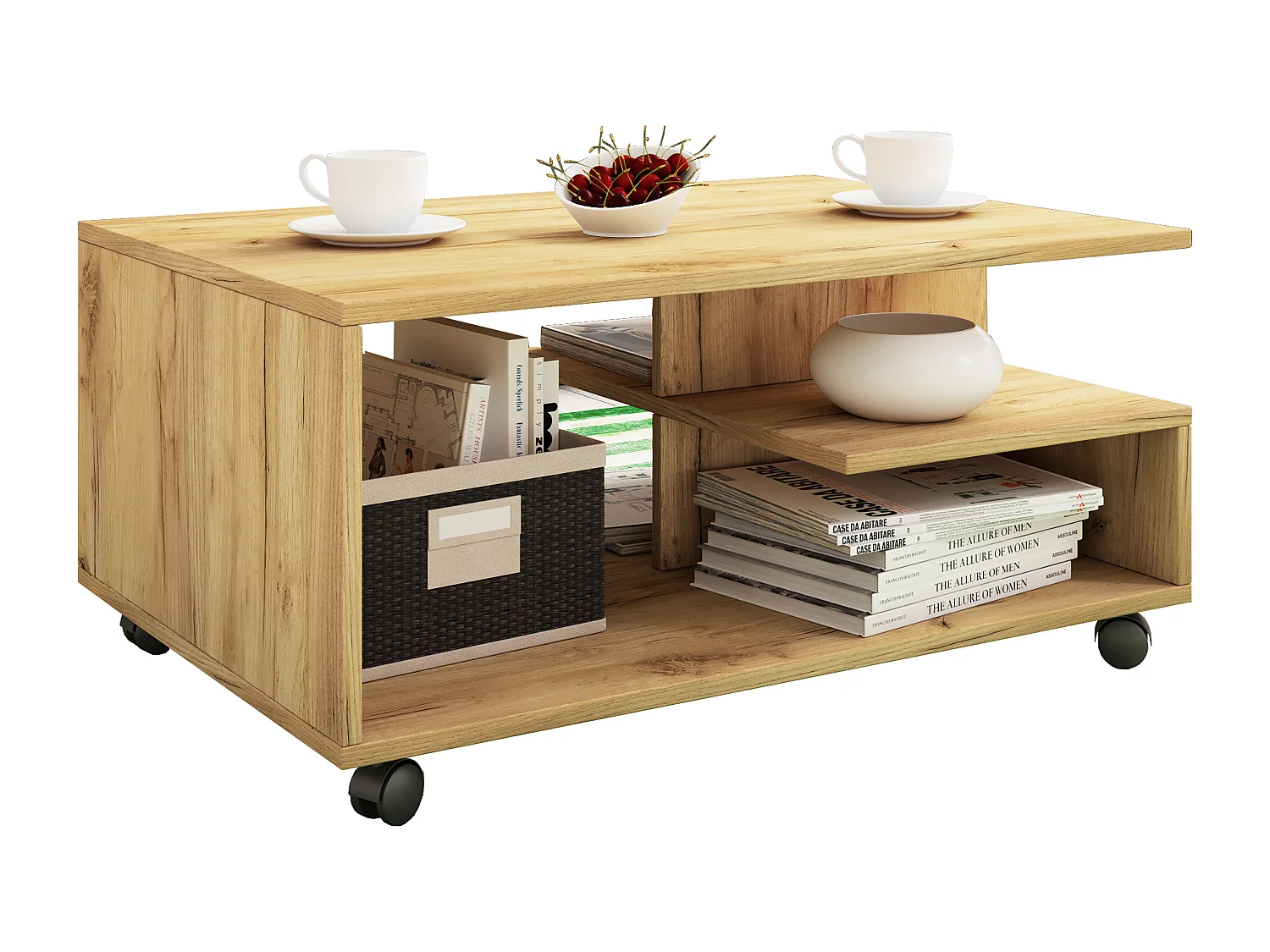 Stango Table basse avec 5 étagères, imitation chêne miel.