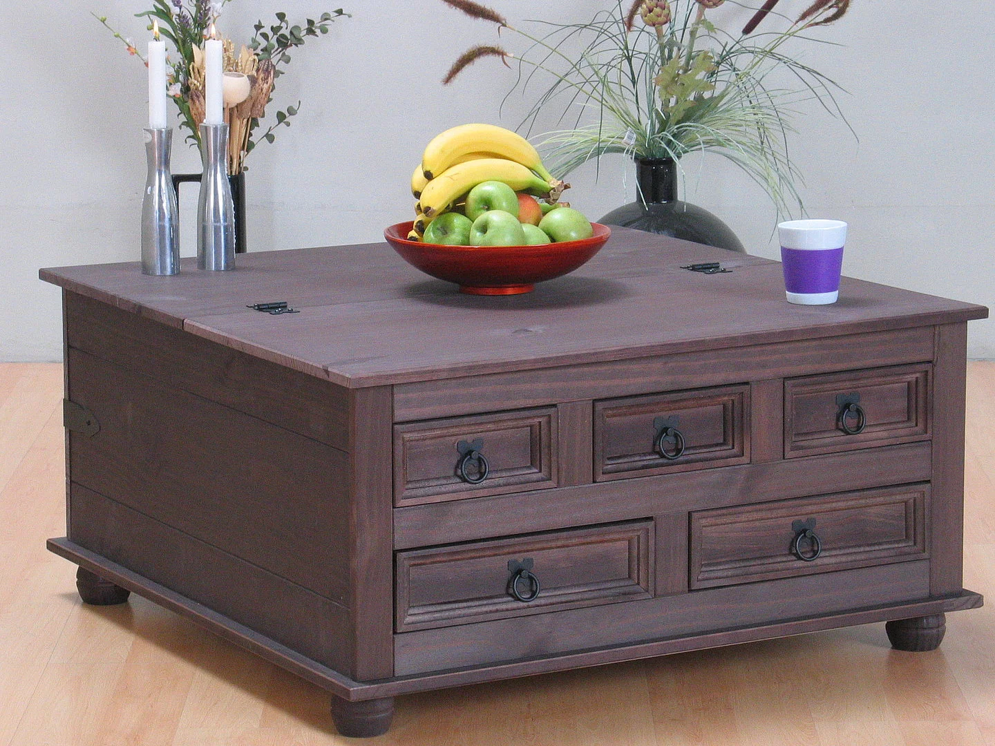 Tavolino da caffè New Mexico con 5 cassetti 91x91 coloniale, mordente/cera.