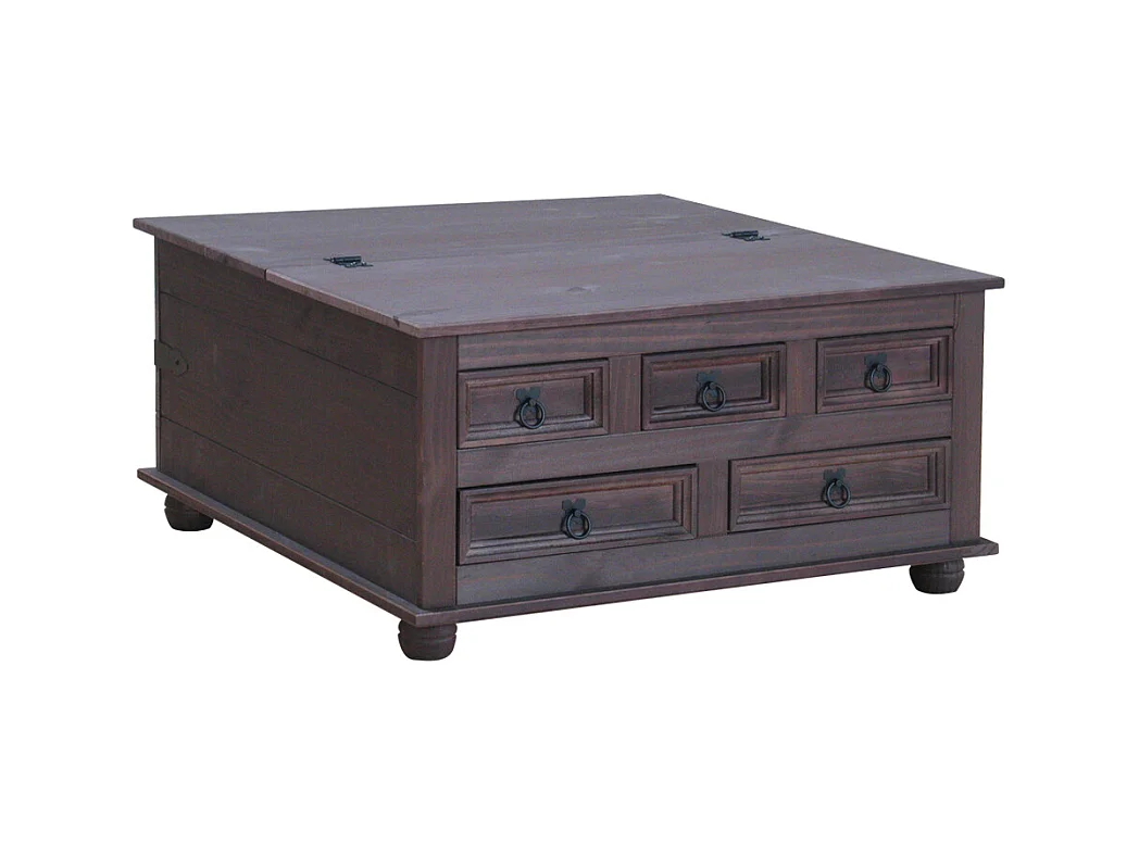 New Mexico table basse avec 5 tiroirs, 91x91 cm, teinte/cire dans un style colonial.