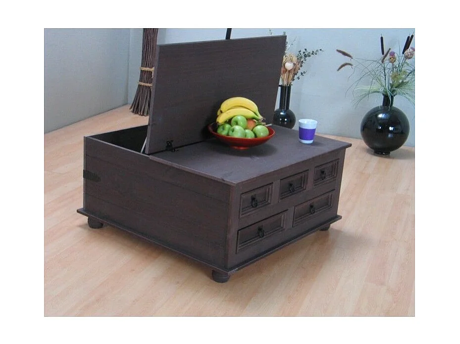 Tavolino da caffè New Mexico con 5 cassetti 91x91 coloniale, mordente/cera.