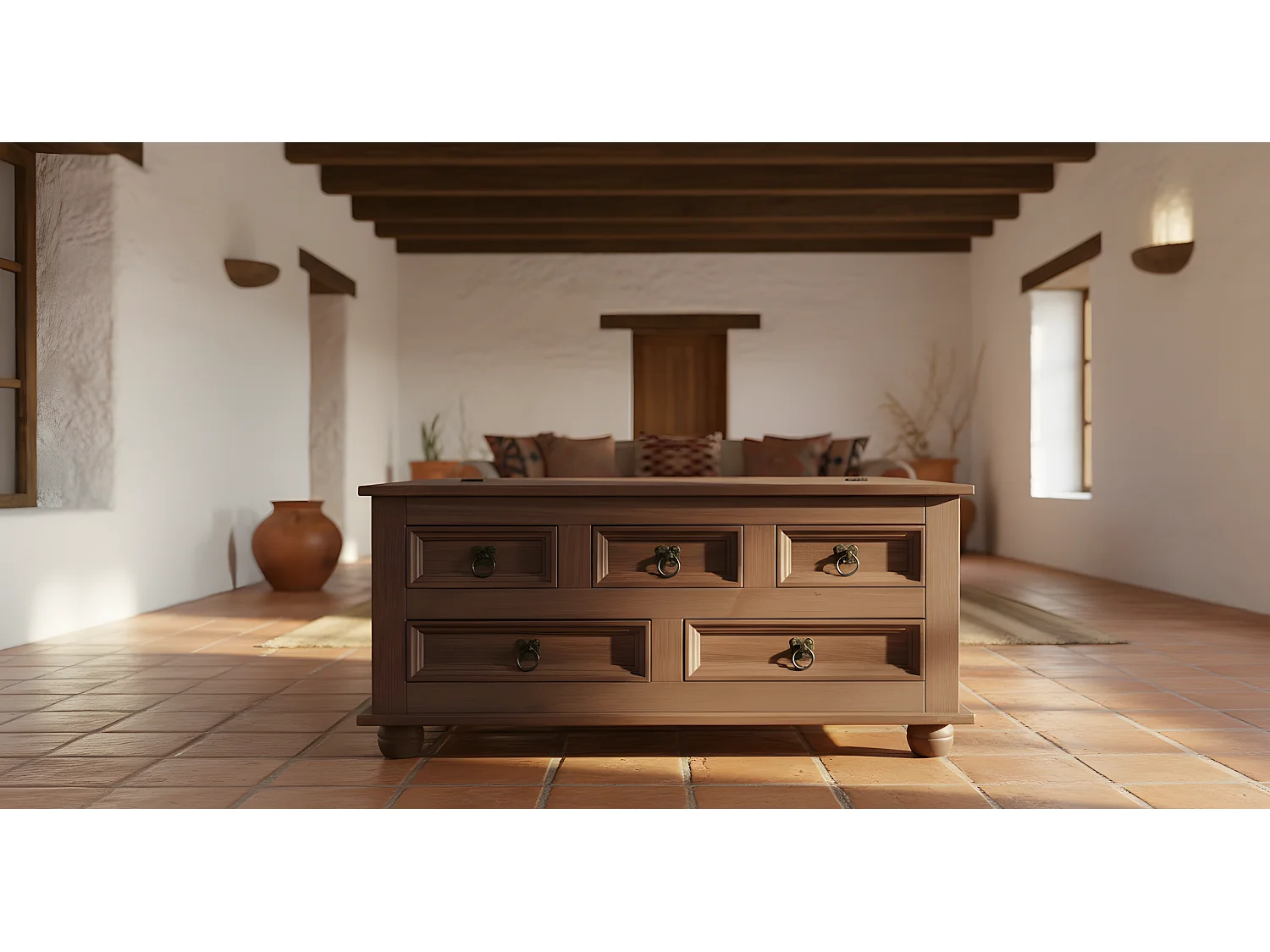 Tavolino da caffè New Mexico con 5 cassetti 91x91 coloniale, mordente/cera.