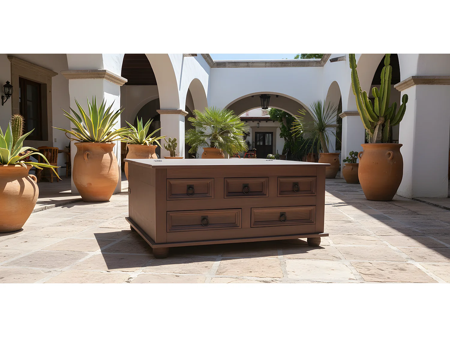 Tavolino da caffè New Mexico con 5 cassetti 91x91 coloniale, mordente/cera.