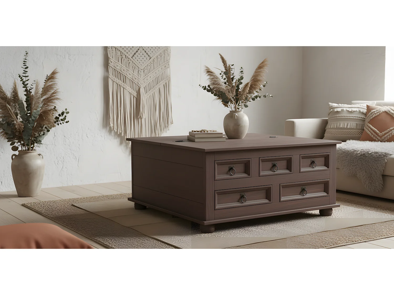 Tavolino da caffè New Mexico con 5 cassetti 91x91 coloniale, mordente/cera.