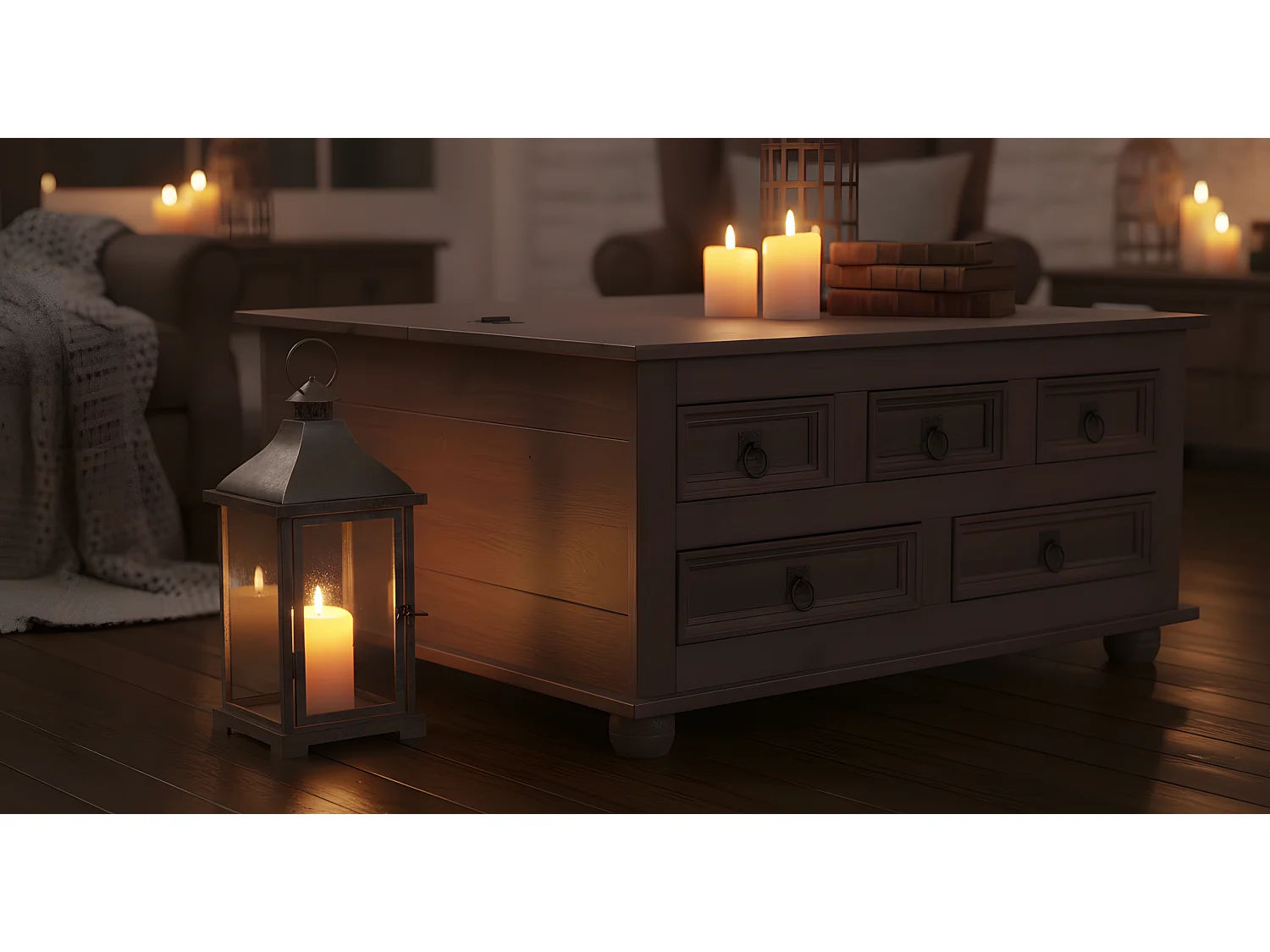 Tavolino da caffè New Mexico con 5 cassetti 91x91 coloniale, mordente/cera.