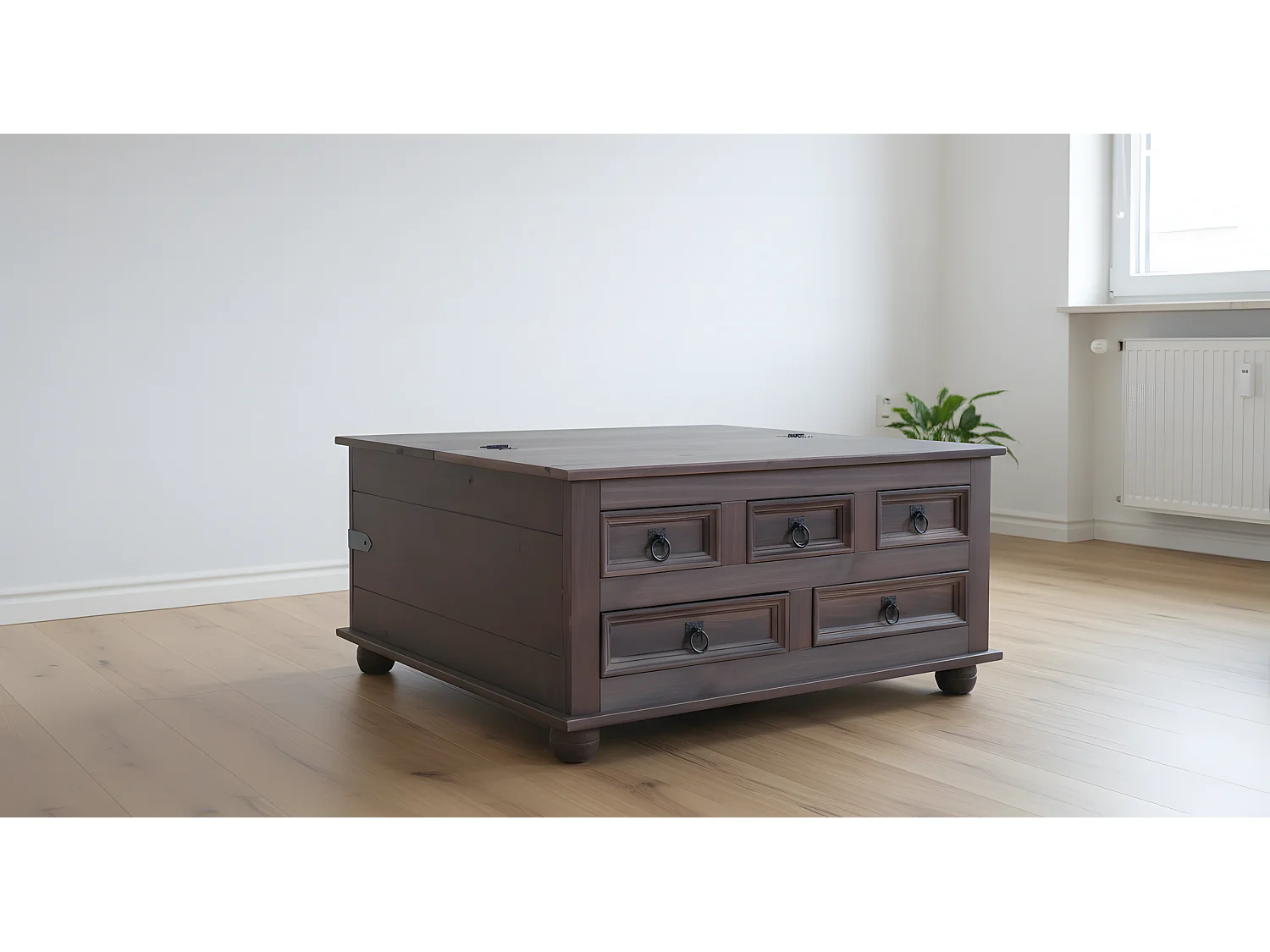 Tavolino da caffè New Mexico con 5 cassetti 91x91 coloniale, mordente/cera.