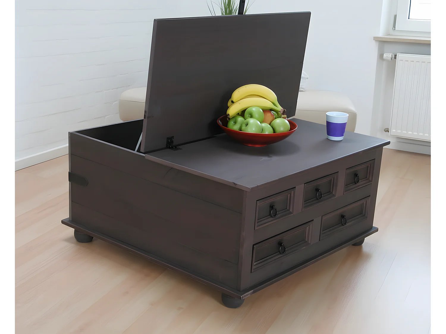 Tavolino da caffè New Mexico con 5 cassetti 91x91 coloniale, mordente/cera.