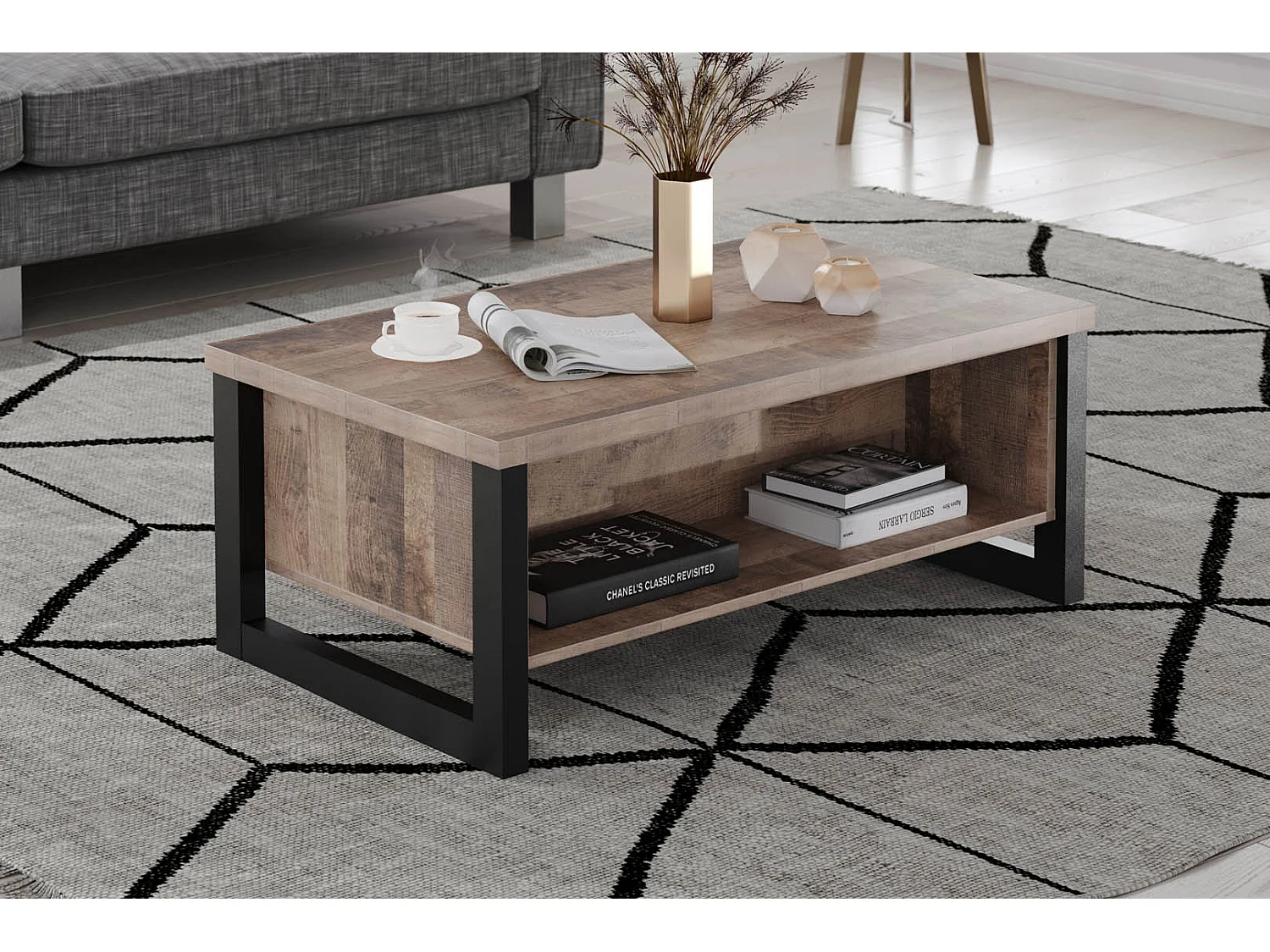 Table basse en bois et pieds en acier noir Adeline L 110cm